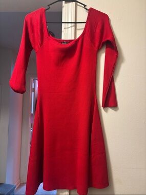 Red Ribbed off shoulder Fit-and-Flare Dress - Women's